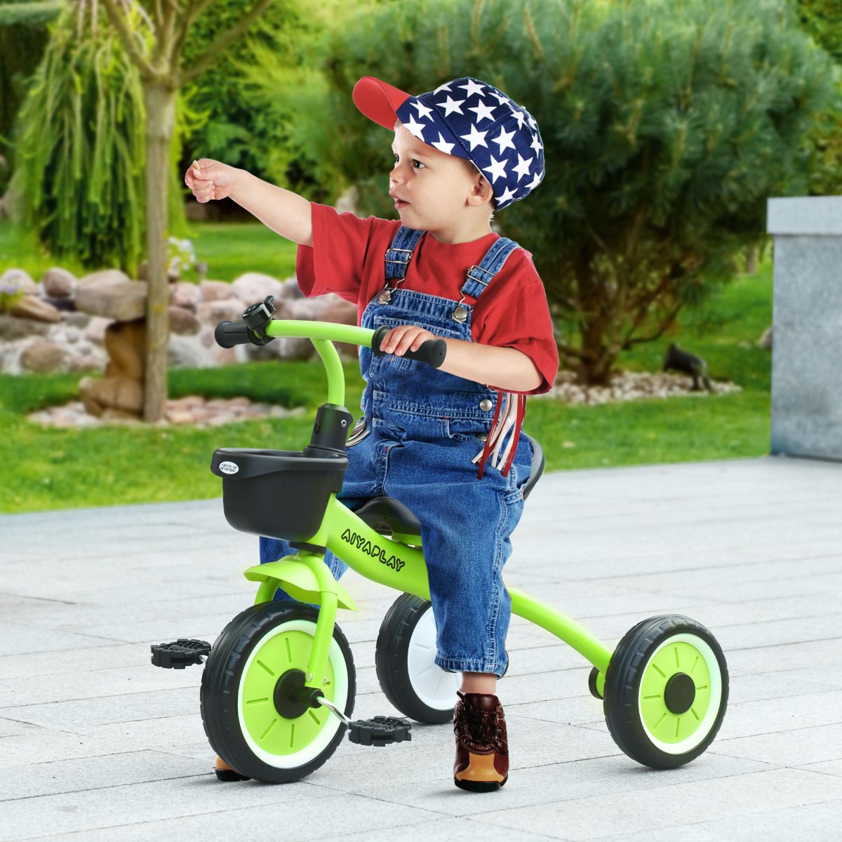 AIYAPLAY Adjustable Seat Kids Tricycle with Basket, Green, 2-5 Years