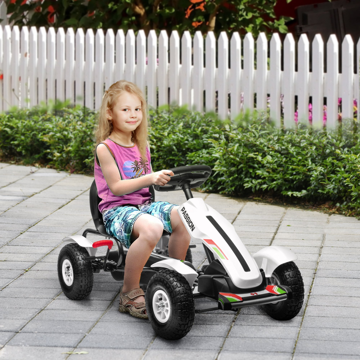 HOMCOM Kids Pedal Go Kart with Adjustable Seat and Handbrake, White