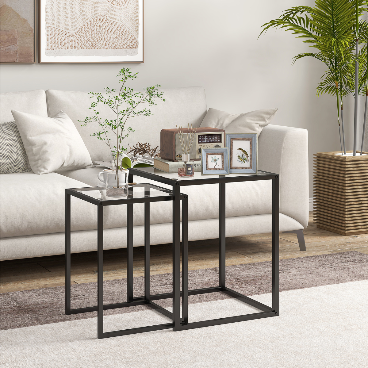 HOMCOM 2-Piece Nesting End Tables with Tempered Glass Top, Black