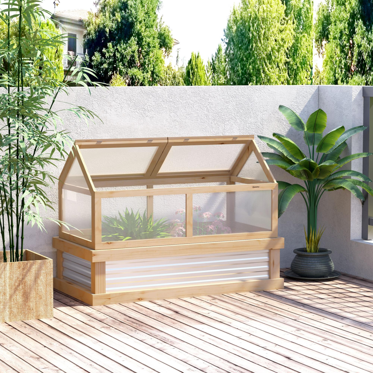 Outsunny Raised Garden Bed with Greenhouse Top, 122 x 61 x 81.7 cm, Natural Hardwood Frame, Polycarbonate Panels, Openable Roof
