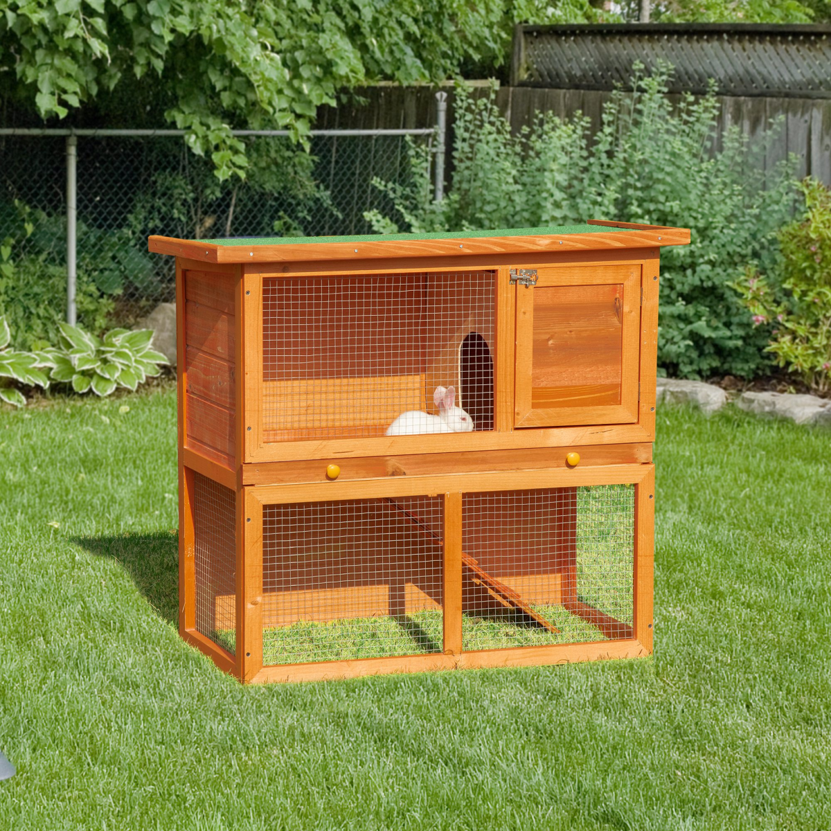 2-Tier Wooden Rabbit Hutch for Small Animals, Outdoor Backyard Bunny House