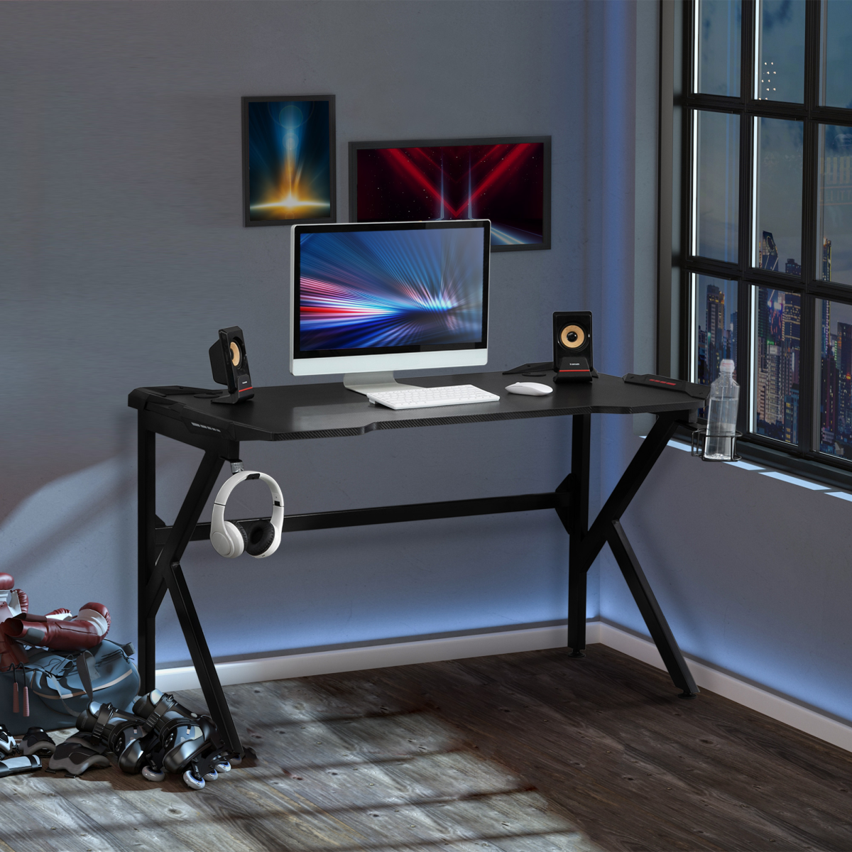 HOMCOM Gaming Desk with Steel Frame, Cup Holder & Headphone Hook