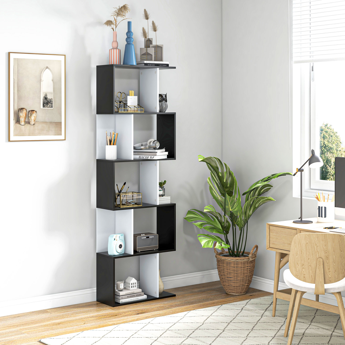 HOMCOM 5-Tier S-Shaped Bookcase Shelf Divider, Open-Back Display Storage Unit, Black