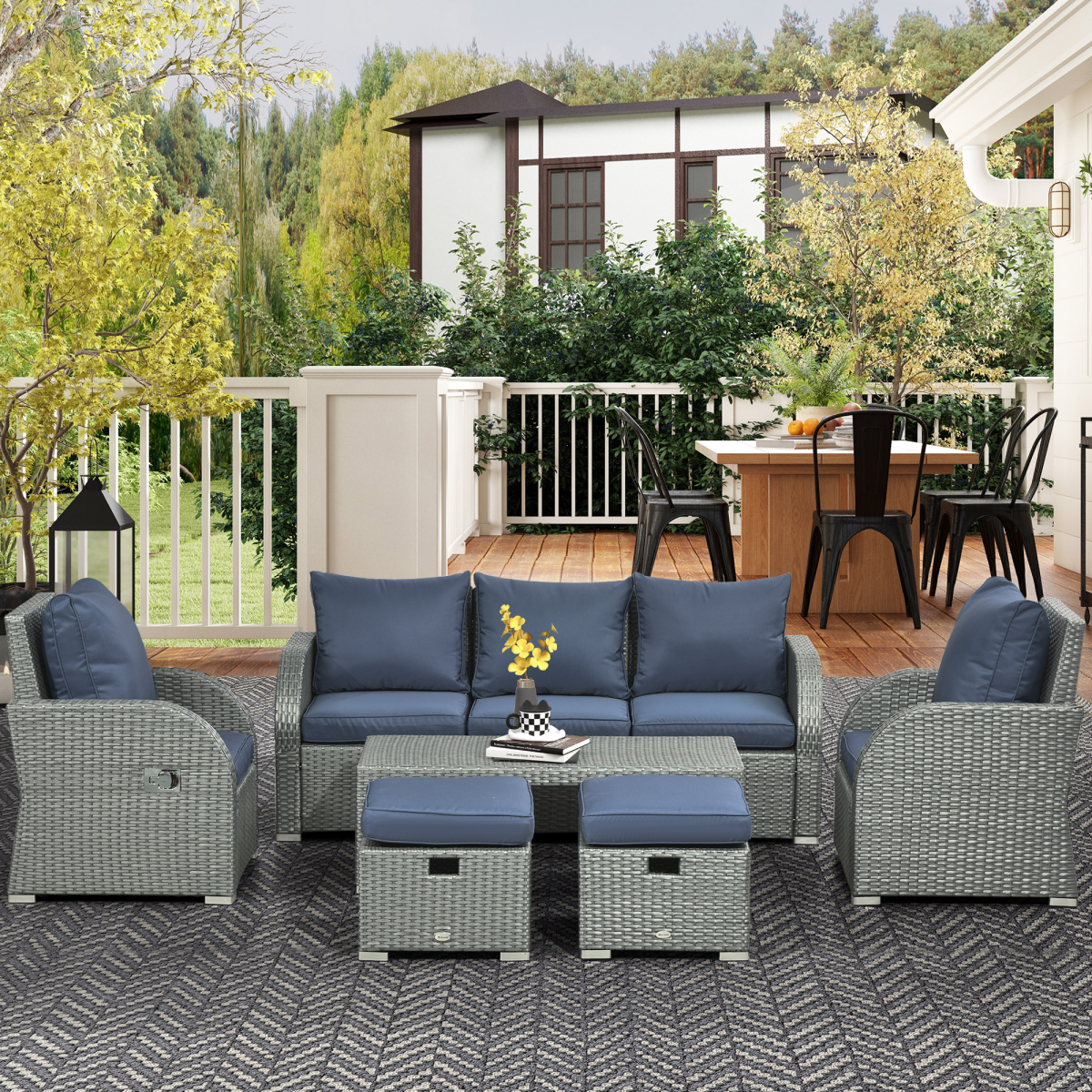 Outsunny 6-Piece Outdoor Rattan Wicker Patio Furniture Set with 3-Seat Sofa, 2 Reclining Armchairs, 2 Footstools and Table