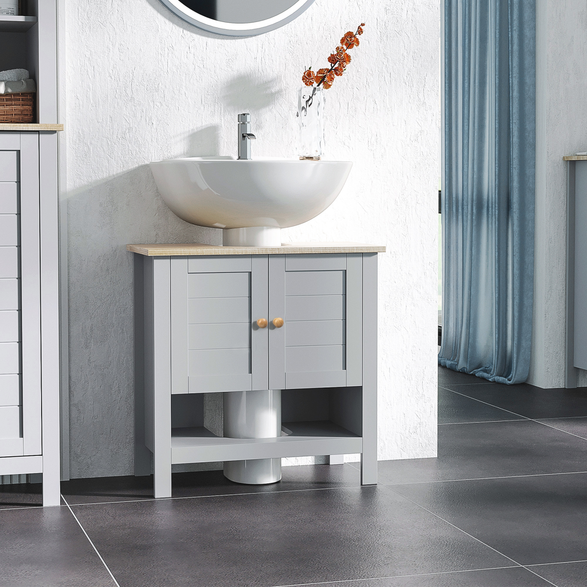 kleankin Bathroom Under Sink Cabinet with Storage Shelf, Double Door, Adjustable Shelf, Mid-Grey Wood-Effect Finish