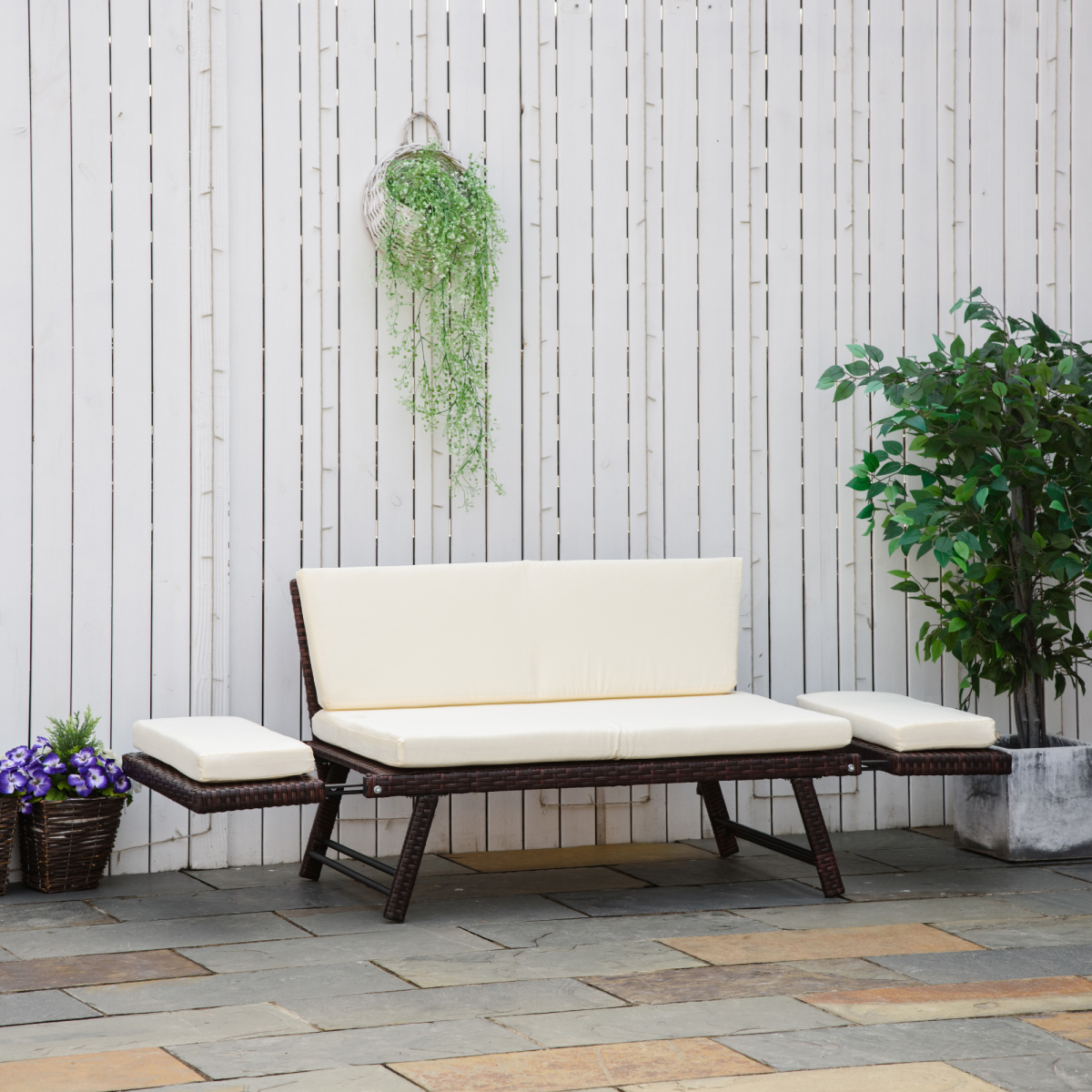 Outsunny 2-Seater 2-in-1 Rattan Convertible Sofa Daybed, Brown