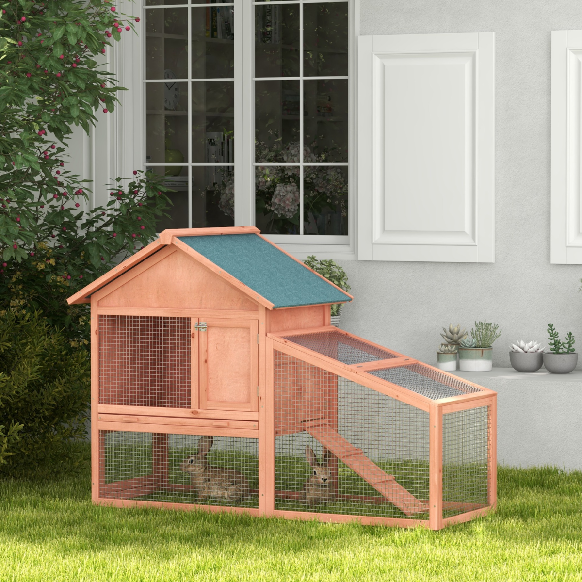 Pawhut 2 Tier Wooden Rabbit Hutch with Asphalt Roof, Ramp, Water Resistant, 144 x 64.5 x 100 cm