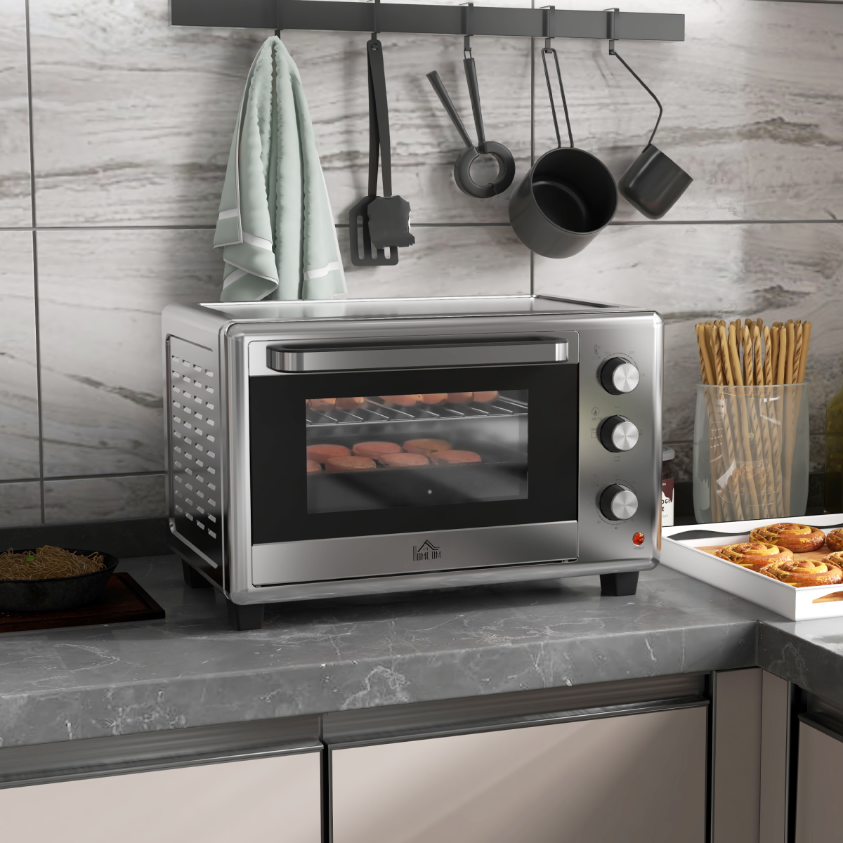 HOMCOM 30L Mini Oven, 1600W Compact Countertop Oven with Adjustable Temperature and 60-Minute Timer, Silver