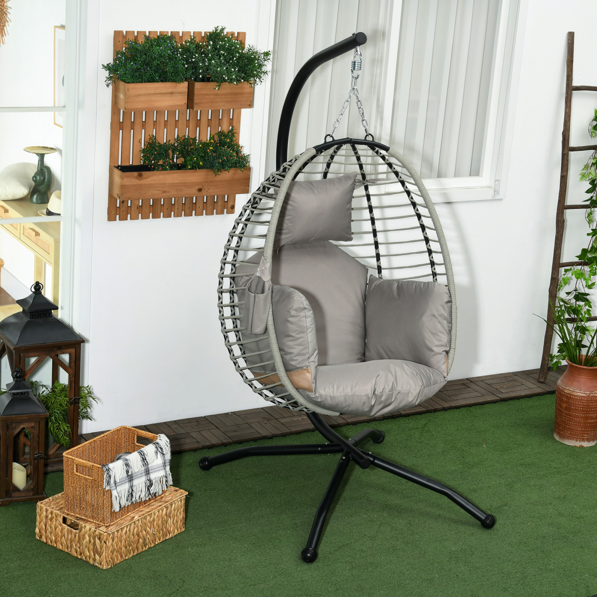 Outsunny Grey Hanging Swing Chair with Thick Cushion and Cup Holders