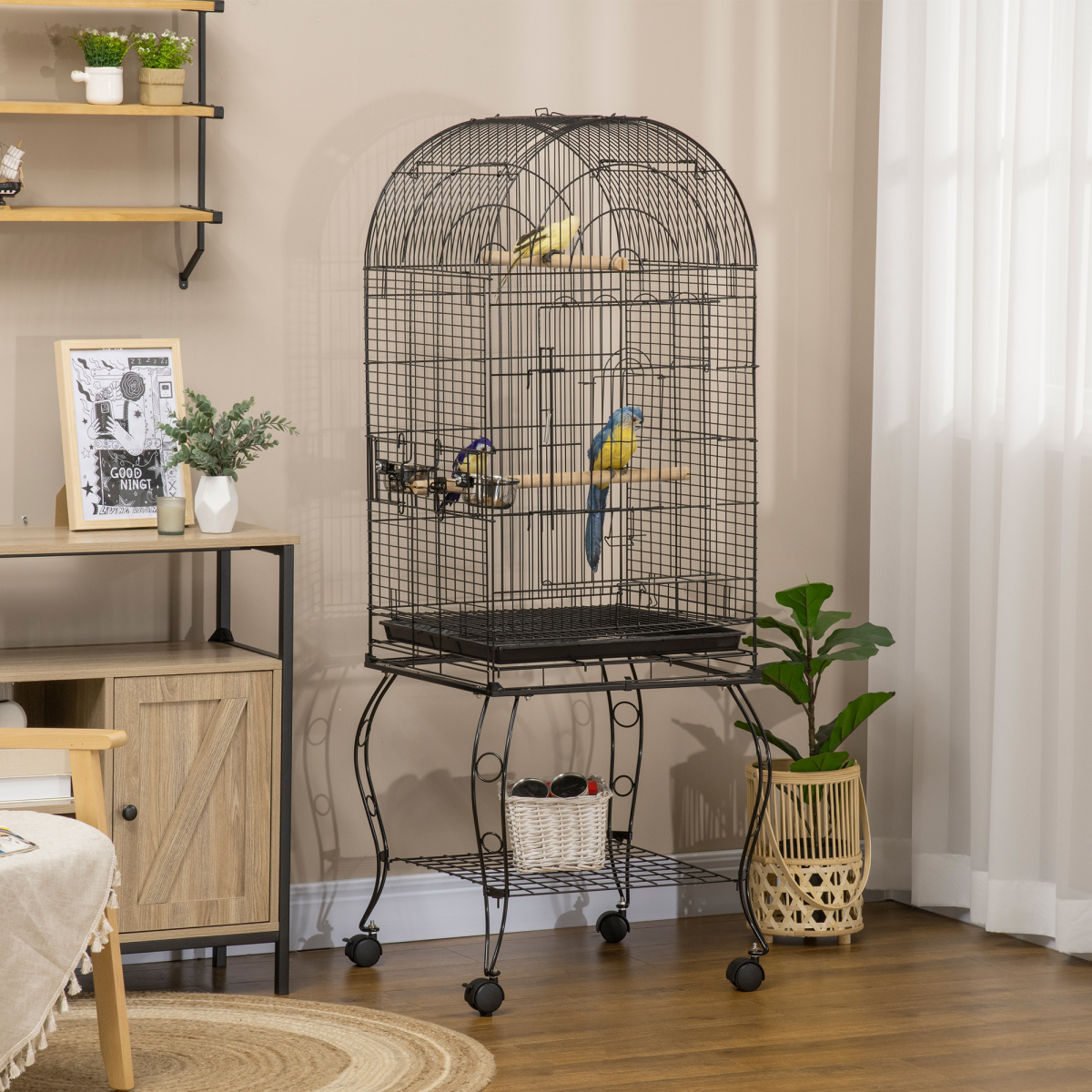PawHut Large Metal Bird Cage with Perch & Feeding Stand, Black