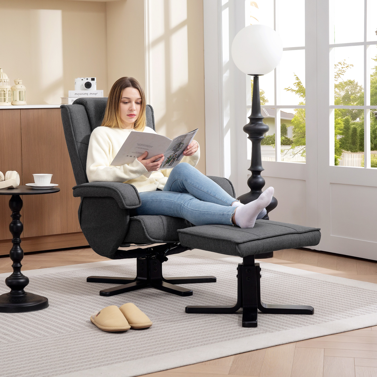 HOMCOM Linen Swivel Rocker Recliner Chair with Footstool, Grey
