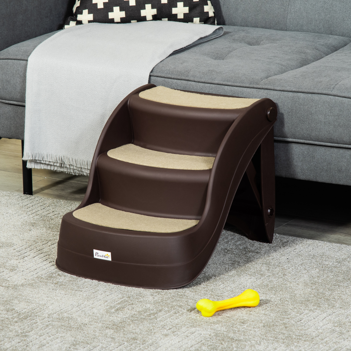 Portable 3-Step Non-Slip Pet Stairs for Dogs and Cats, Foldable, for Beds and Sofas, Brown