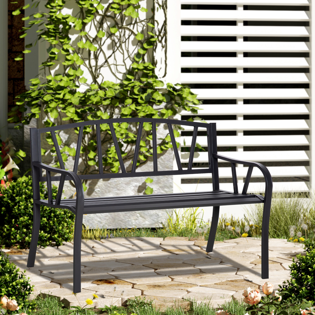 Outsunny 2-Seater Metal Garden Bench Loveseat with Decorative Backrest, Curved Armrests, Slatted Seat, Outdoor Patio Bench