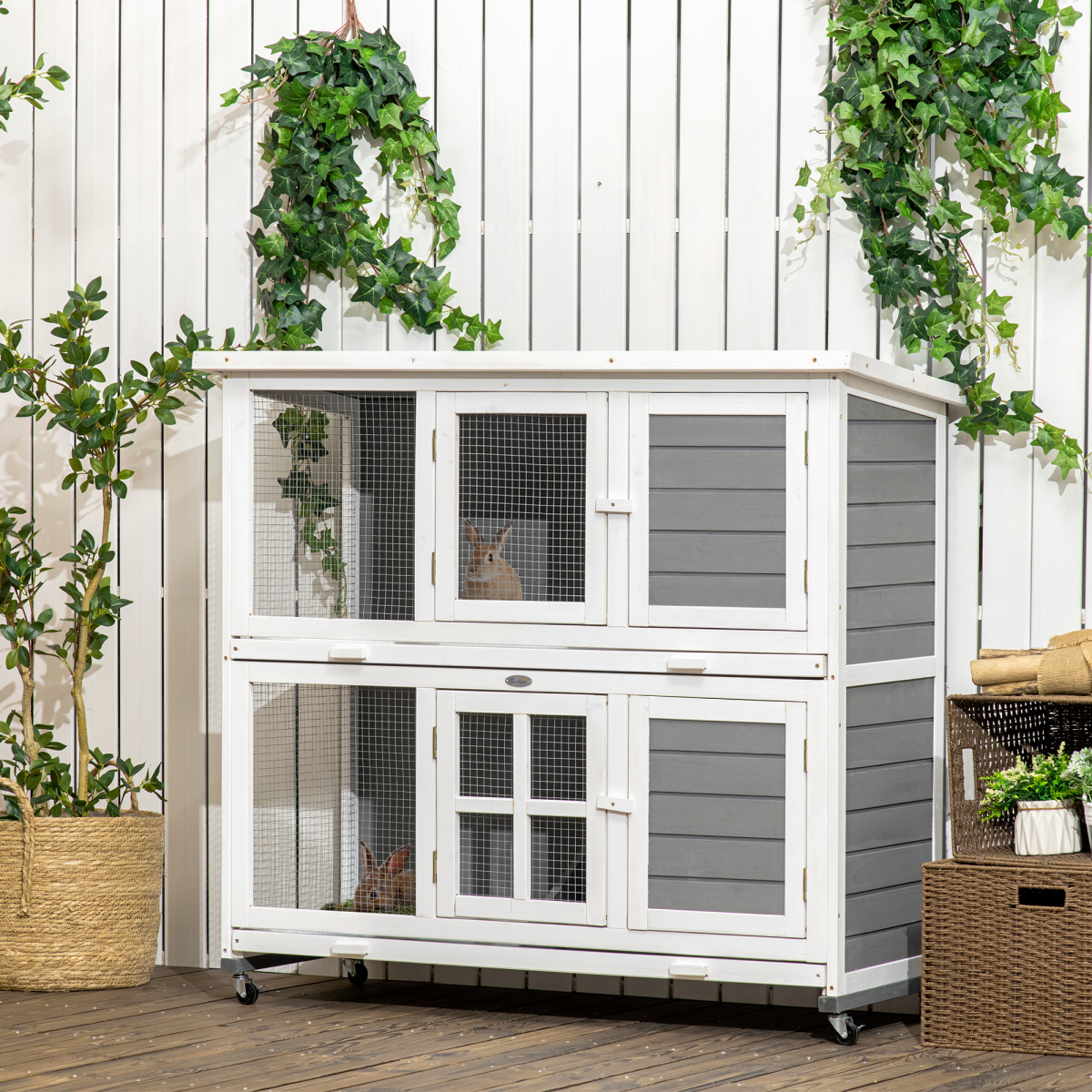 PawHut Wooden Two-Tier Rabbit Hutch with Wheels, Removable Trays, Lockable Doors, Grey