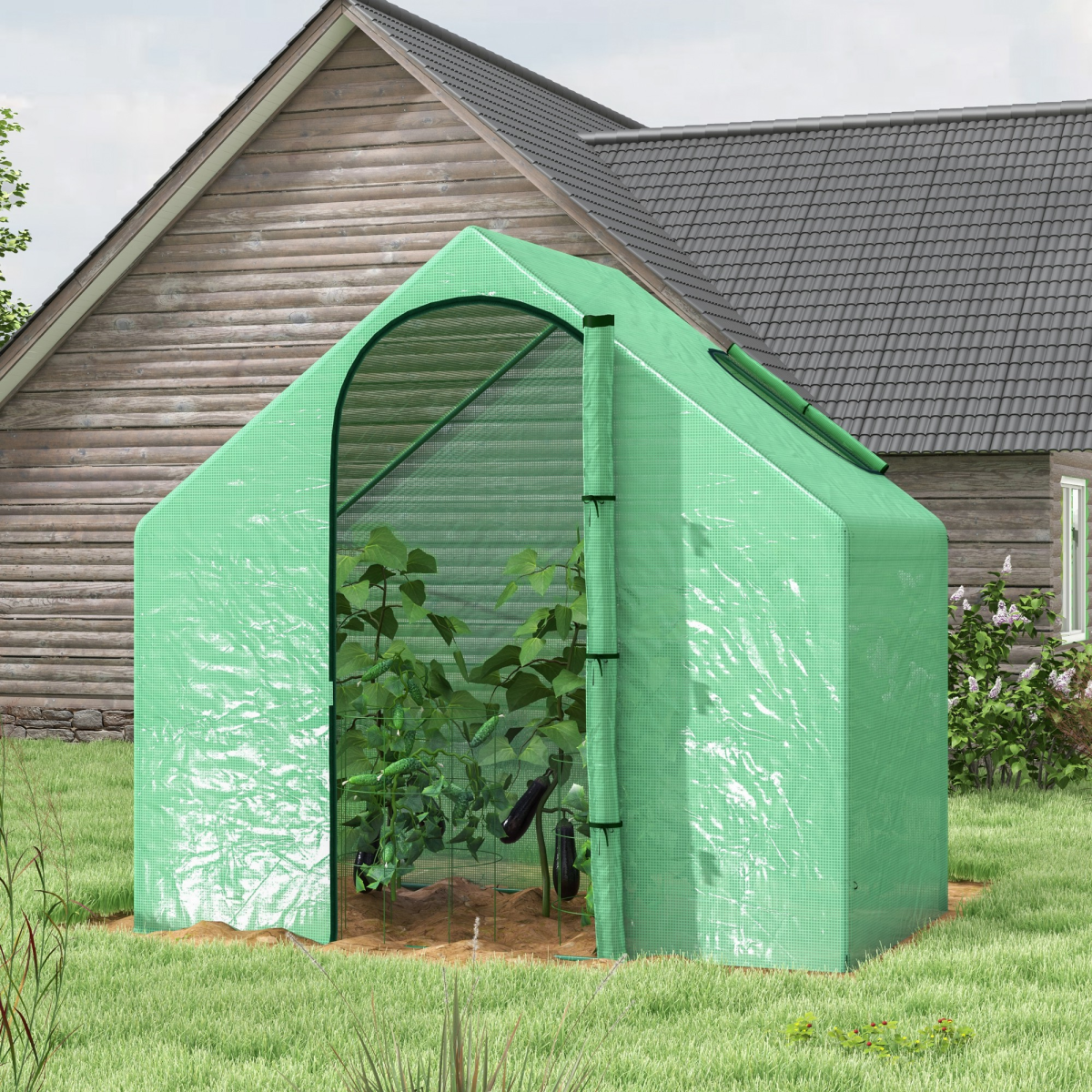 Walk-In Portable Greenhouse with Steel Frame, Plastic Cover, Door, and Window, Green
