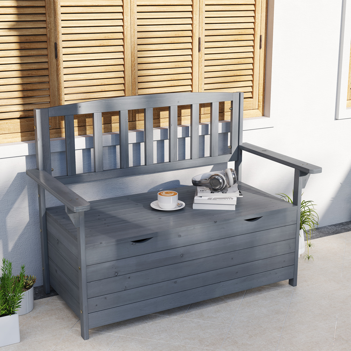 Outsunny 2-Seater Fir Wood Garden Storage Bench, Dark Grey
