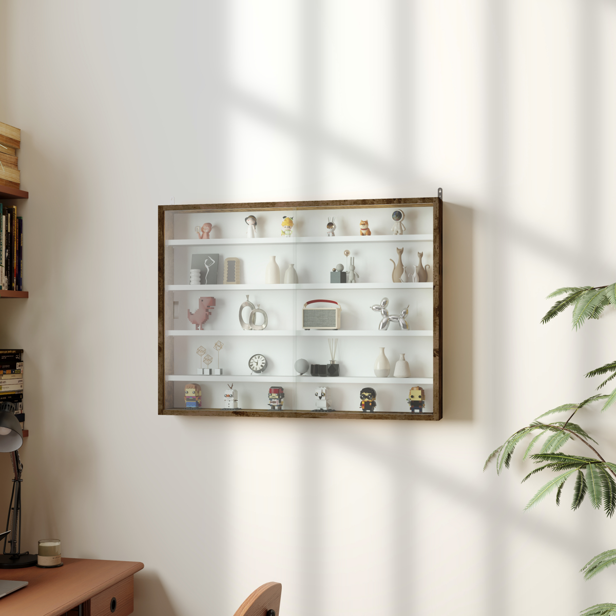 HOMCOM 5-Tier Wall Display Shelf Cabinet with Glass Doors, Rustic Brown