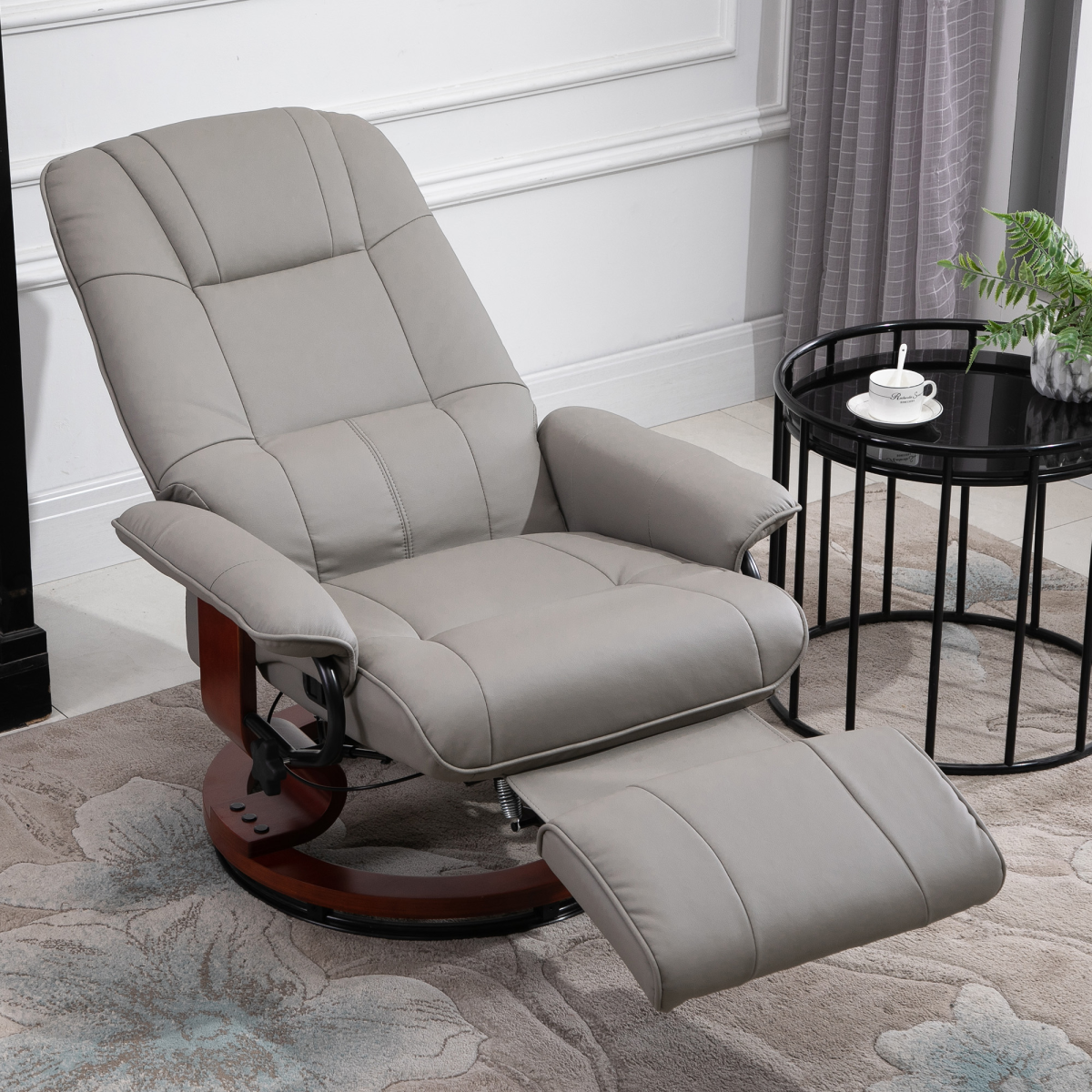 Grey PU Leather Recliner Armchair with Footrest and Wooden Base