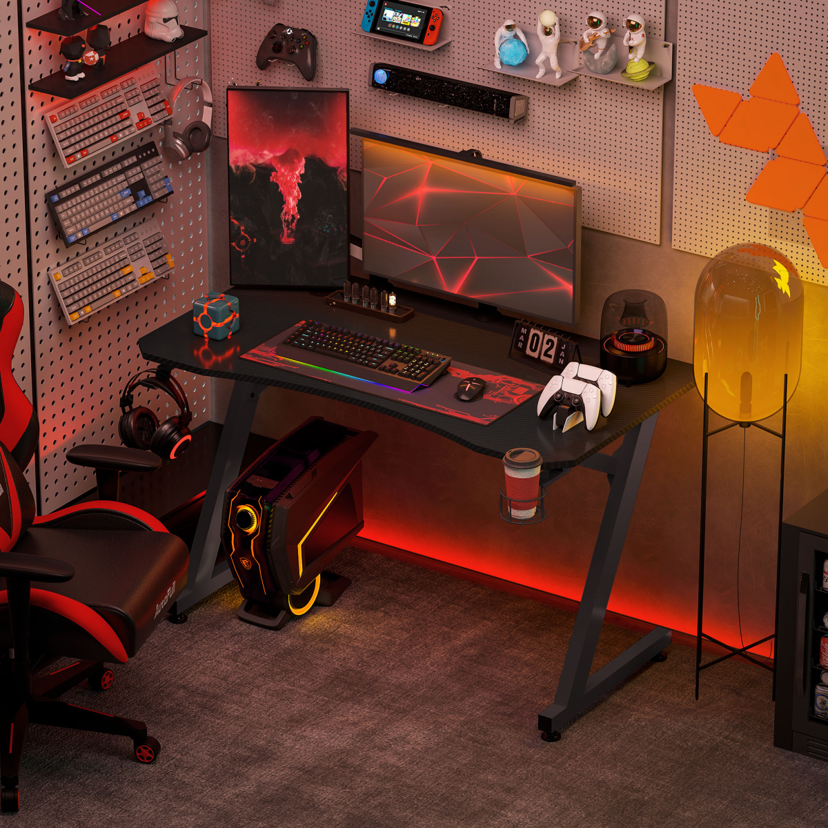Gaming Desk Steel Frame with Cup Holder, Headphone Hook, Cable Organizer, Adjustable Feet, Black