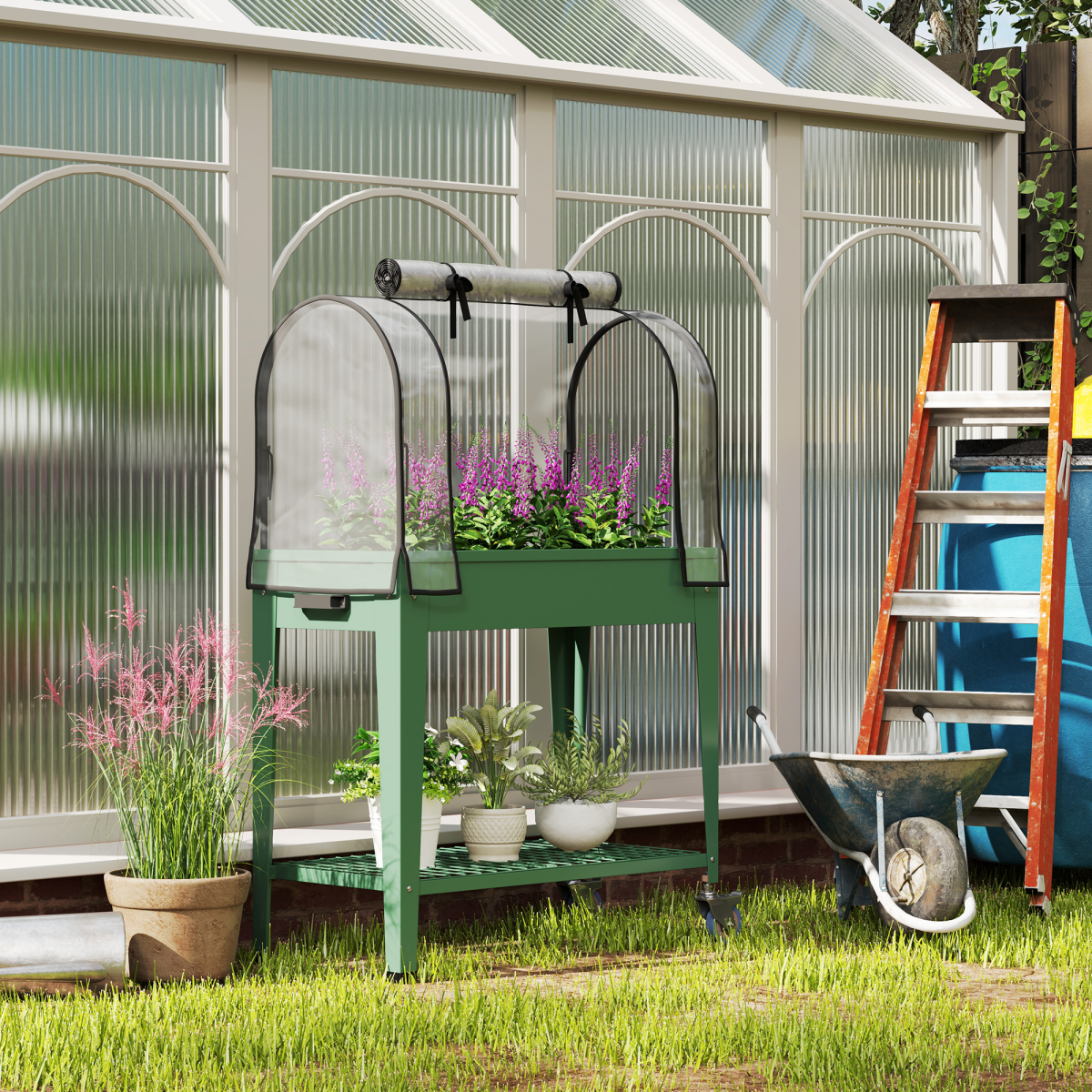 Outsunny Mobile Raised Garden Bed with Greenhouse Cover, Wheels & Shelf