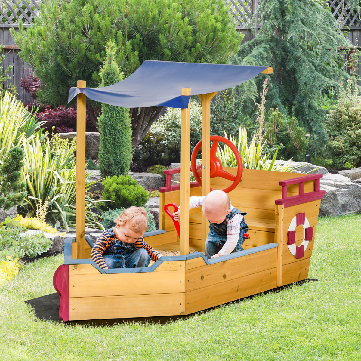 Kids Wooden Pirate Sandboat Sandbox with Canopy Shade and Storage