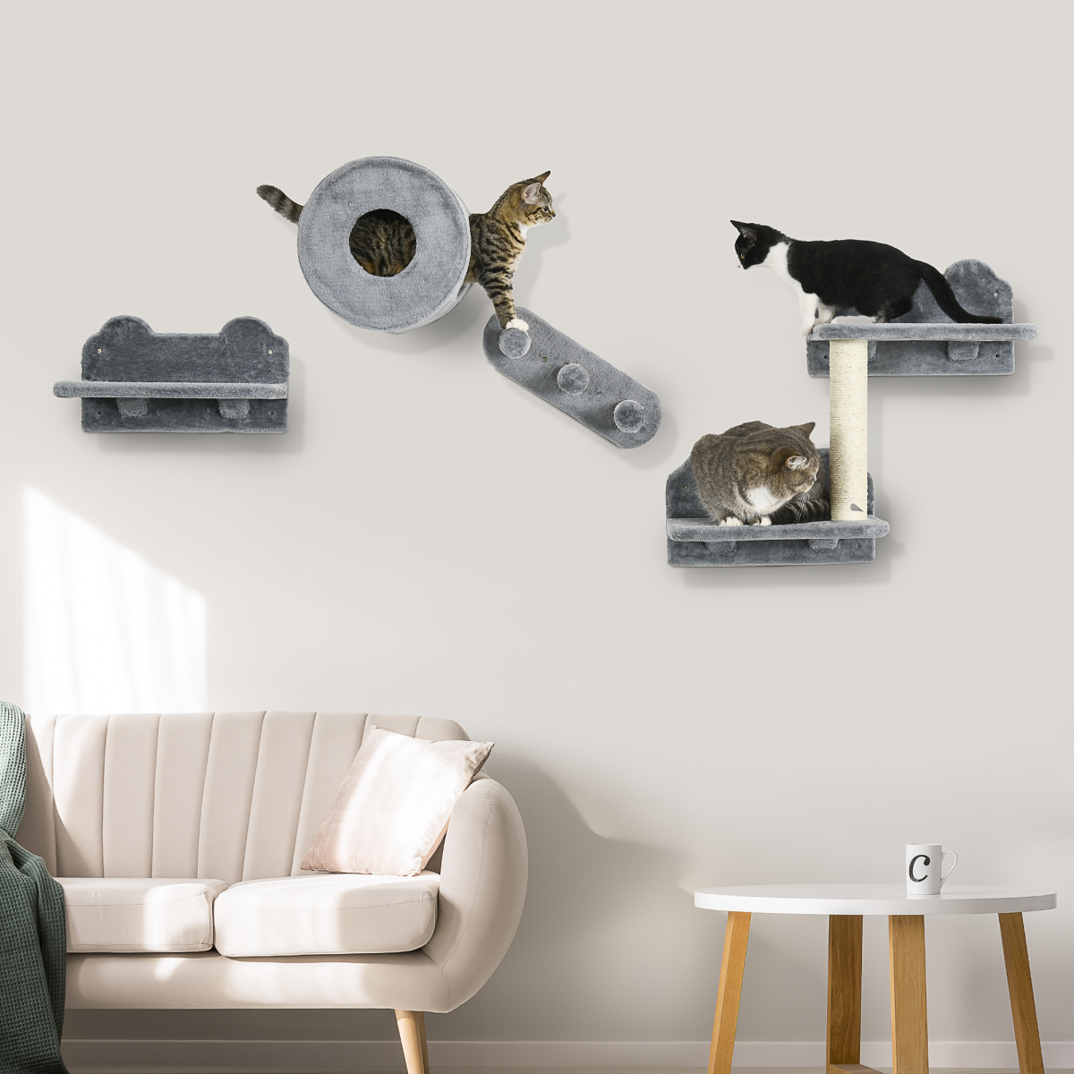 PawHut Wall-Mounted Cat Furniture with Platforms, Steps & House - Grey