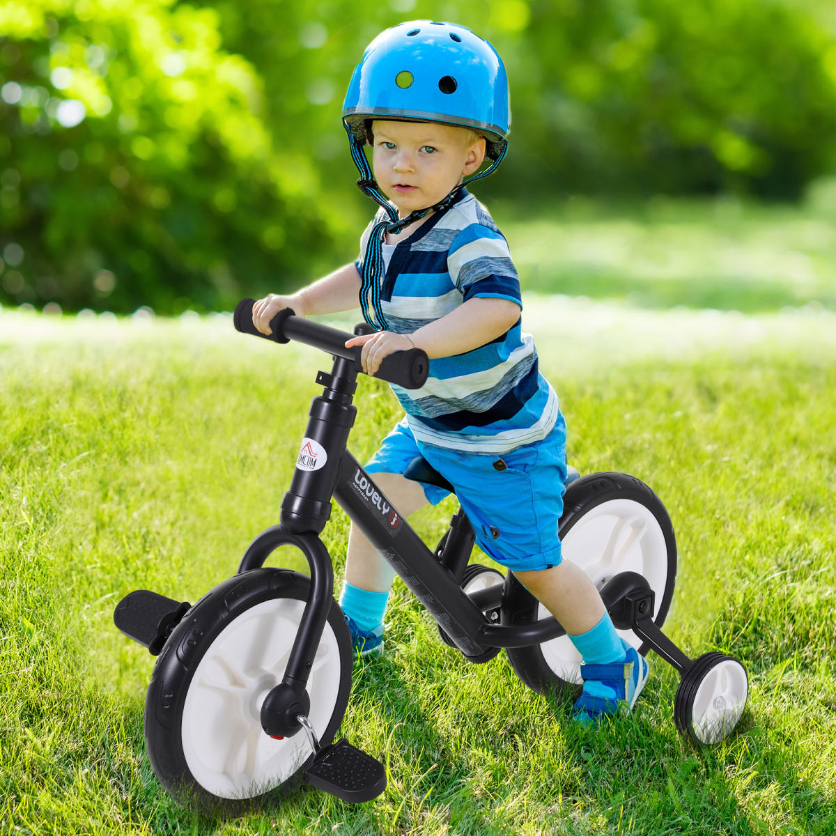 HOMCOM 2-in-1 Kids Balance Bike with Stabilizers, Black, Ages 2-5