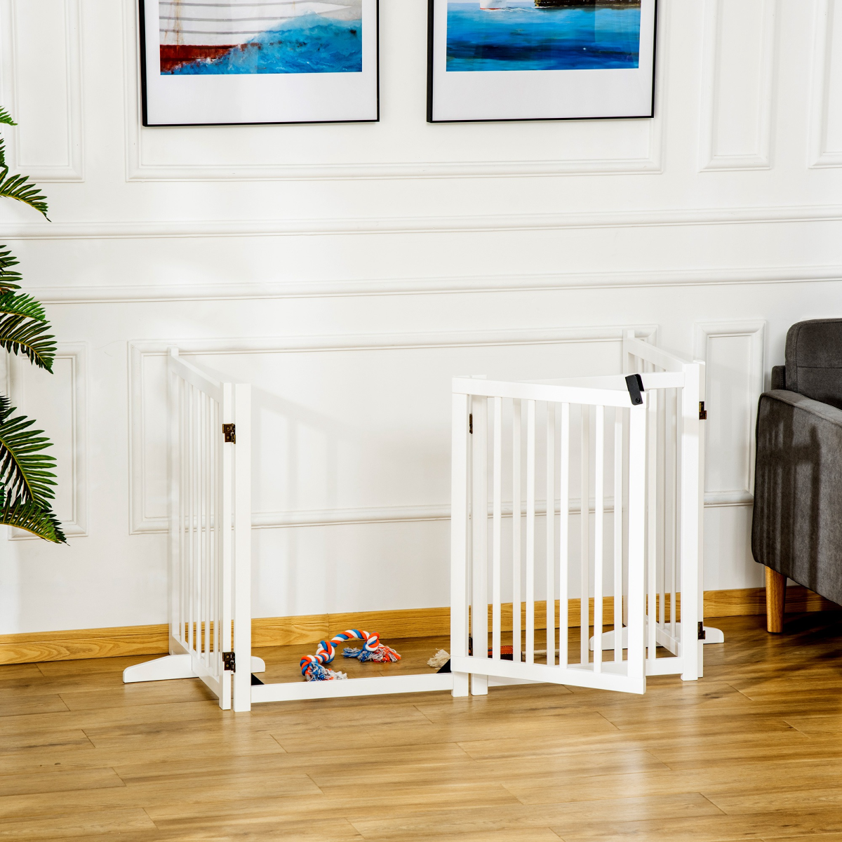 Freestanding Wooden Pet Gate with Lock and 2 Support Feet for Doorways and Stairs, White