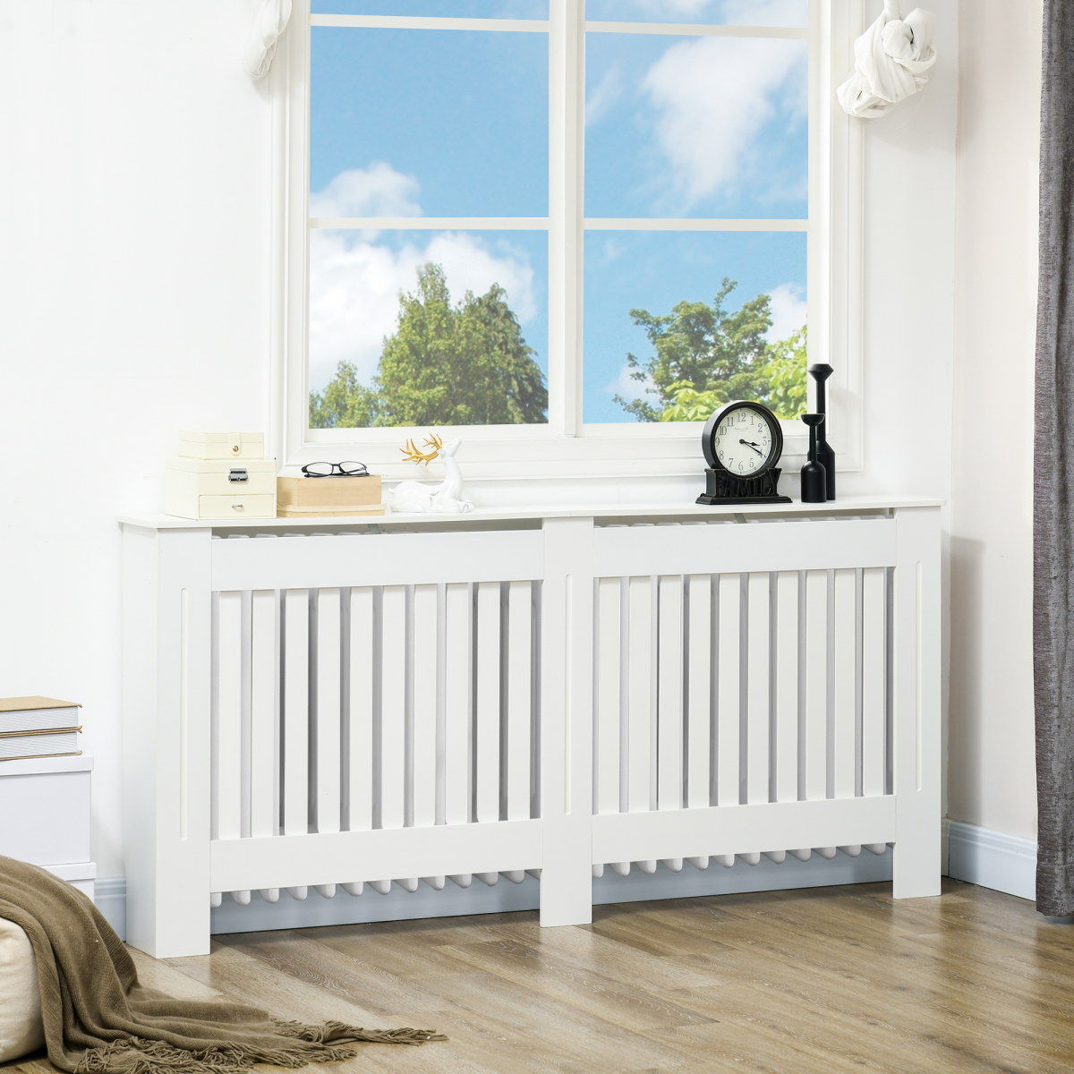 HOMCOM Painted Slatted MDF Radiator Cover Cabinet with Shelf, 172 x 19 x 81.5 cm