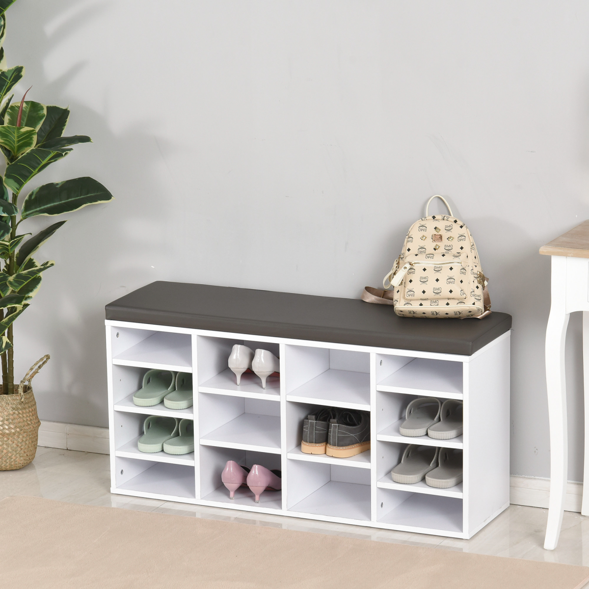 HOMCOM 14-Compartment Shoe Storage Bench with PU Leather Seat, Brown/White
