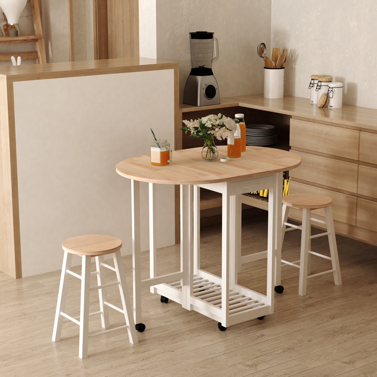 3-Piece Folding Dining Set with Rolling Cart and Stools