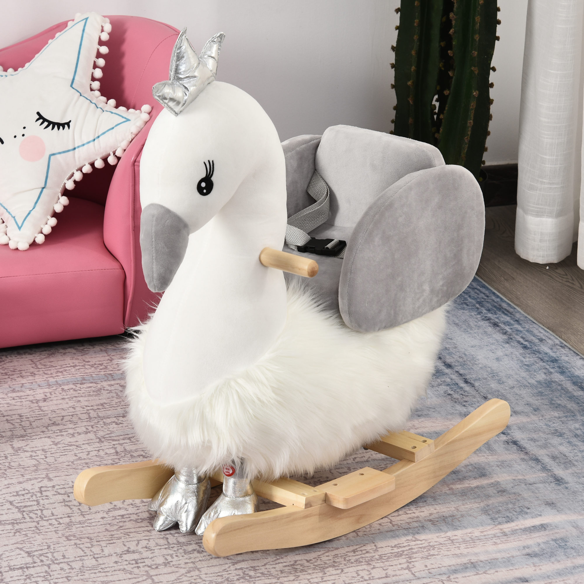HOMCOM Kids Ride-On Rocking Swan with Sound, Seat Belt & Plush Seat