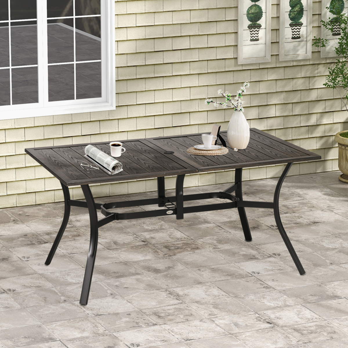 Outsunny 6-Person Garden Table with Parasol Hole, Brown, 150x96x73cm