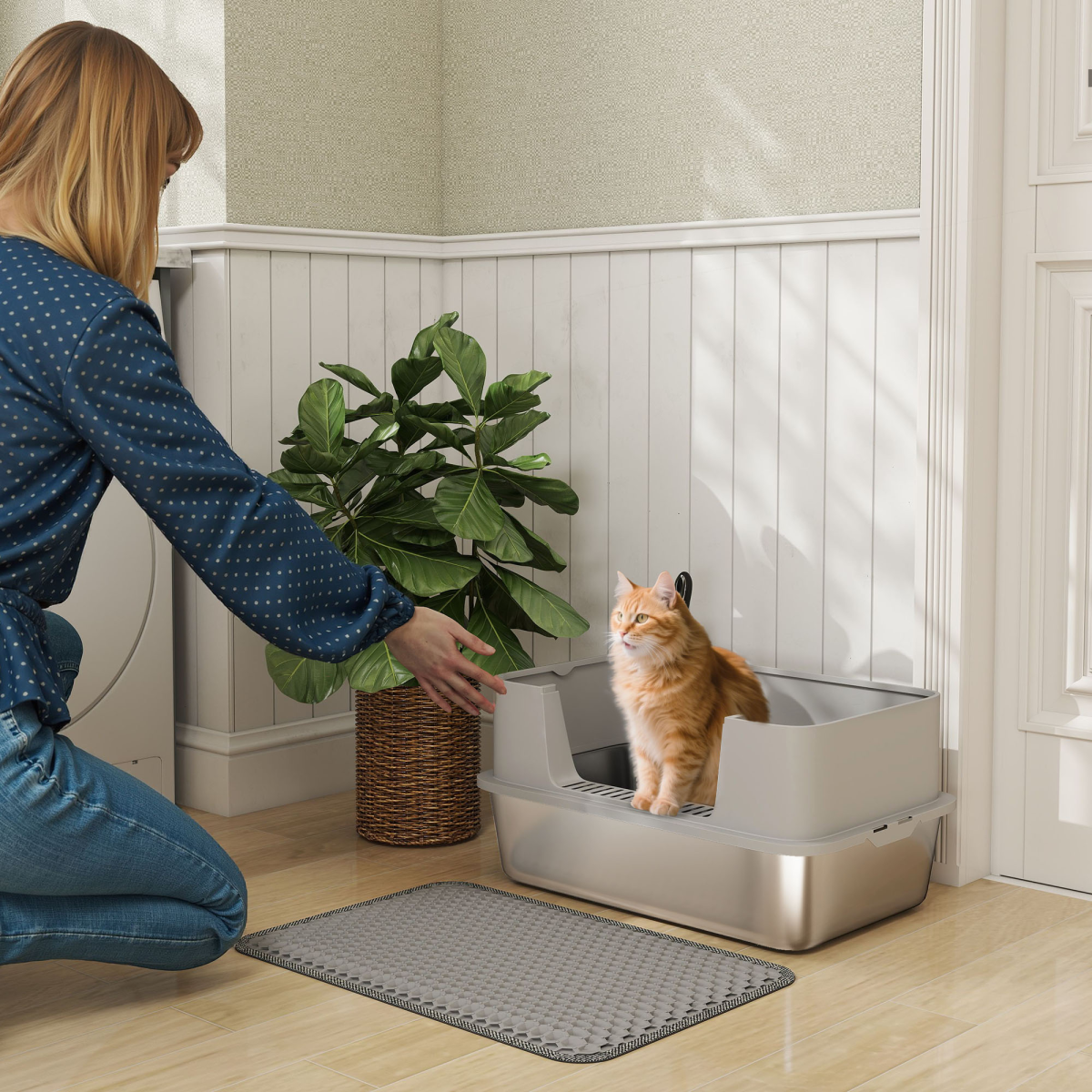 PawHut Stainless Steel High-Sided Cat Litter Box with Scoop