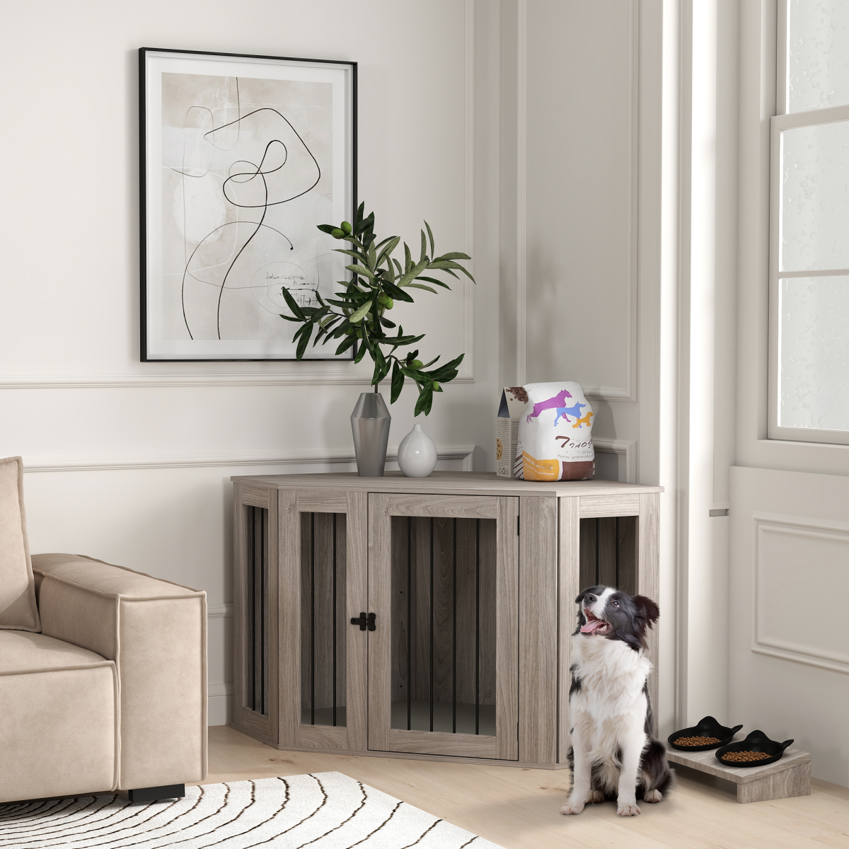 PawHut Medium Dog Crate Furniture Side Table with Cushion, Walnut Brown