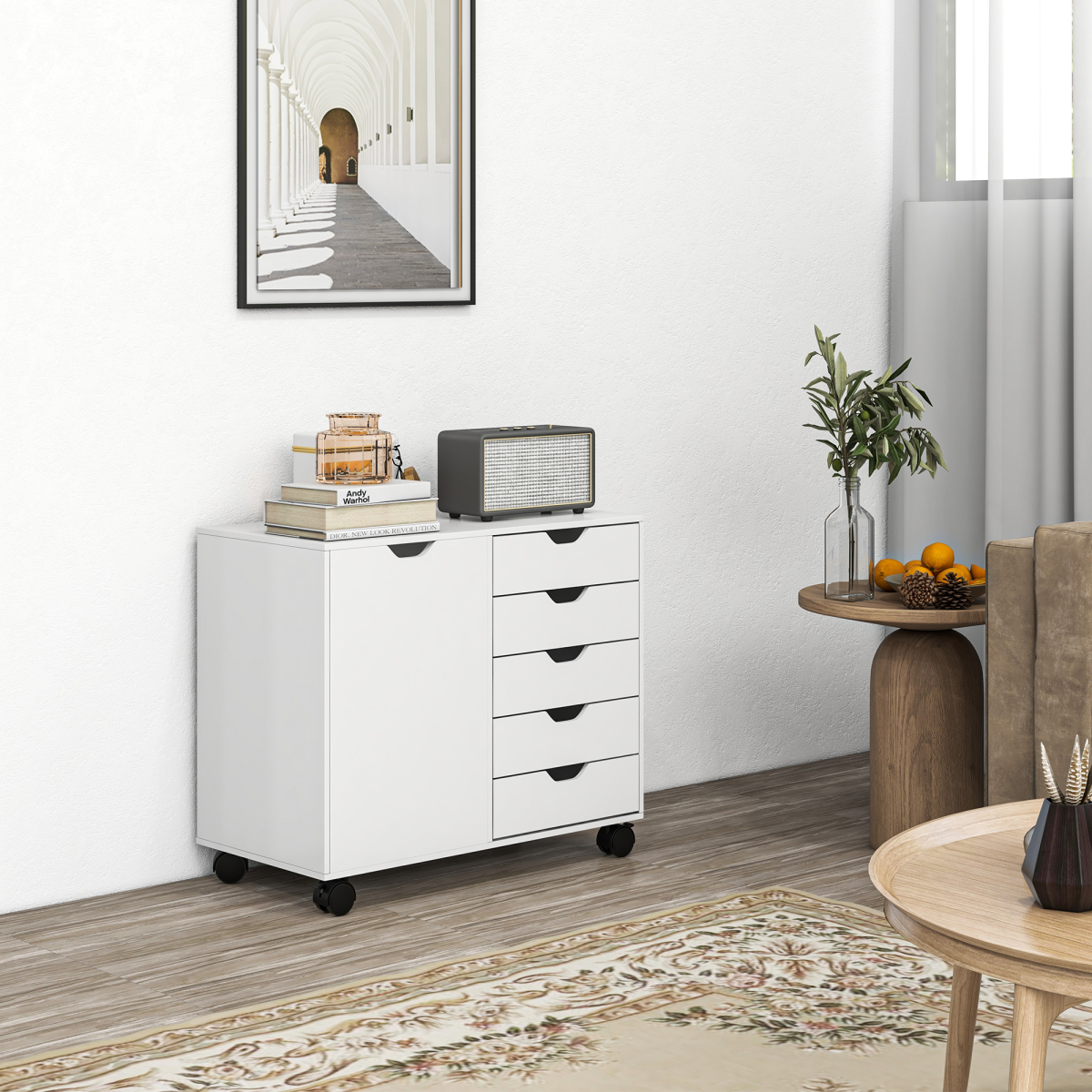HOMCOM Modern Mobile Office Storage Cabinet with 5 Drawers & Door, White