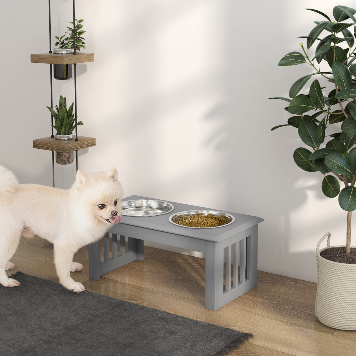 PawHut Elevated Pet Feeder with Stainless Steel Double Bowls, Grey