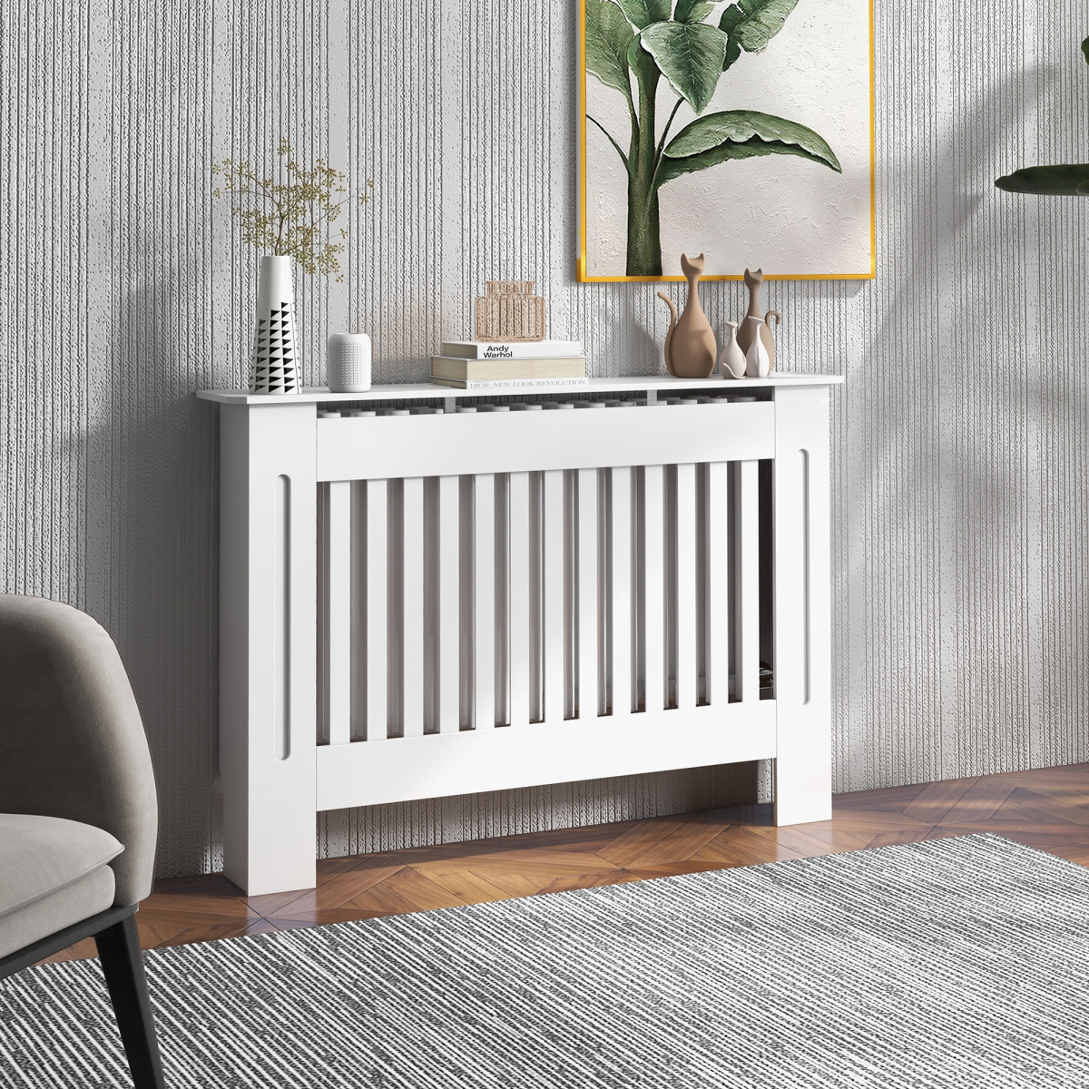 Radiator Cover Cabinet Painted Slatted MDF with Shelf, Lined Grill, 112 x 19 x 81 cm