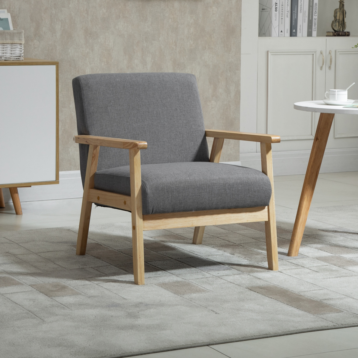 HOMCOM Linen Upholstered Pine Wood Accent Armchair, Grey/Oak