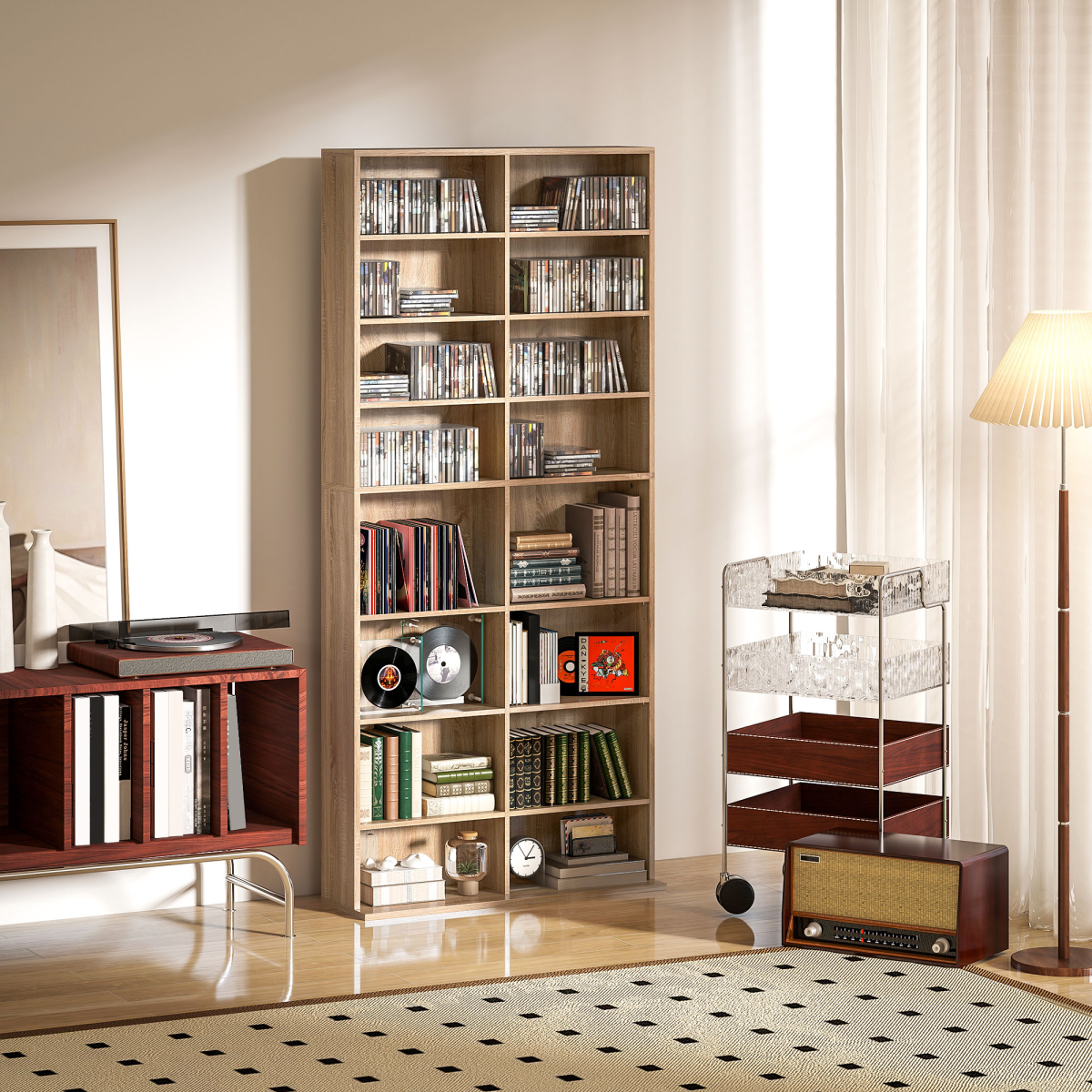 HOMCOM 640 CD 360 DVD Storage Tower, 18 Compartments, Natural