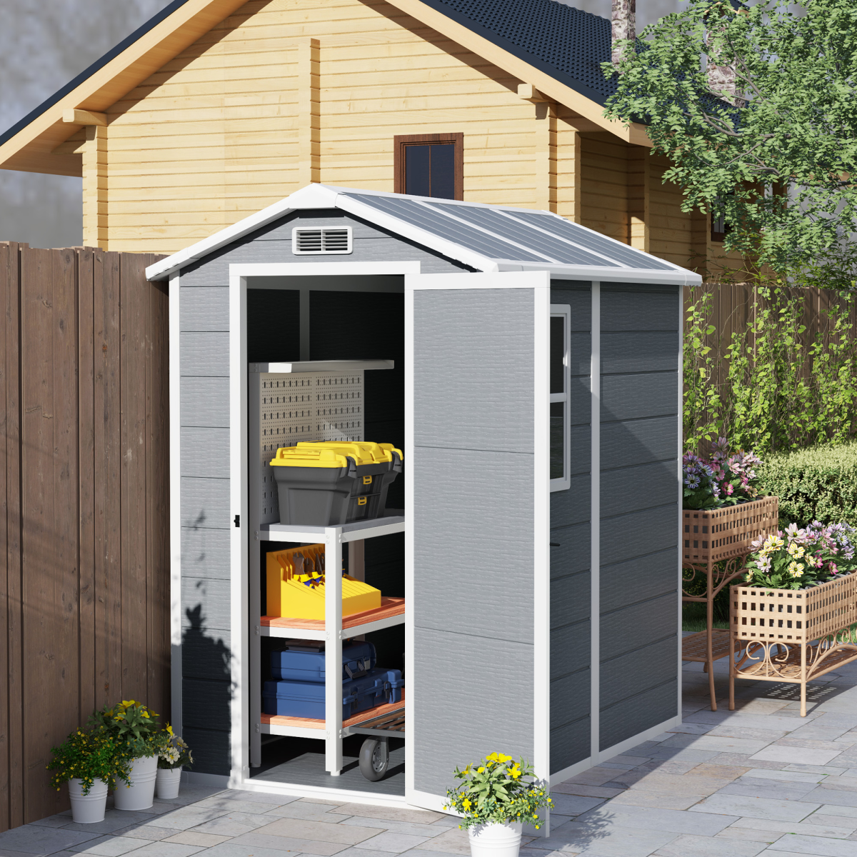 Outsunny Grey Weather-Resistant Tool Shed with Floor, Window, Vents and Lockable Latch