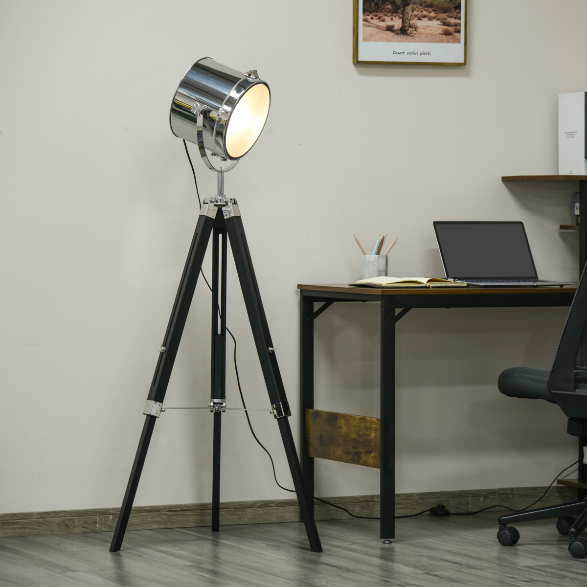 Industrial Adjustable Tripod Floor Lamp with Rotating Searchlight Head