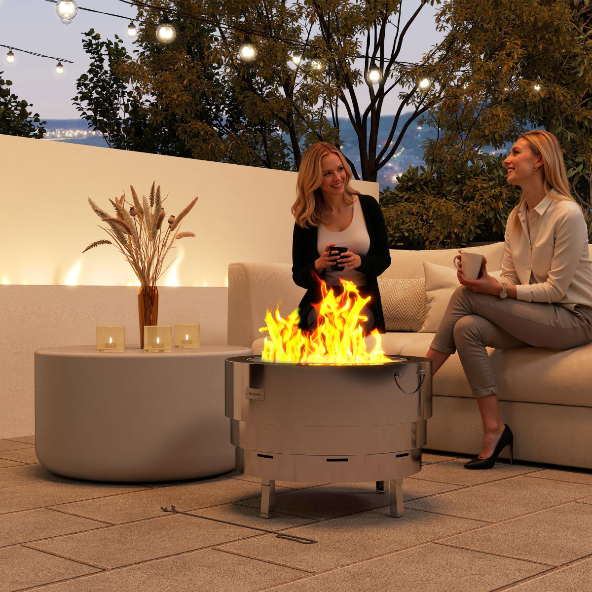Outsunny Stainless Steel Round Fire Pit with Grill Net, Silver