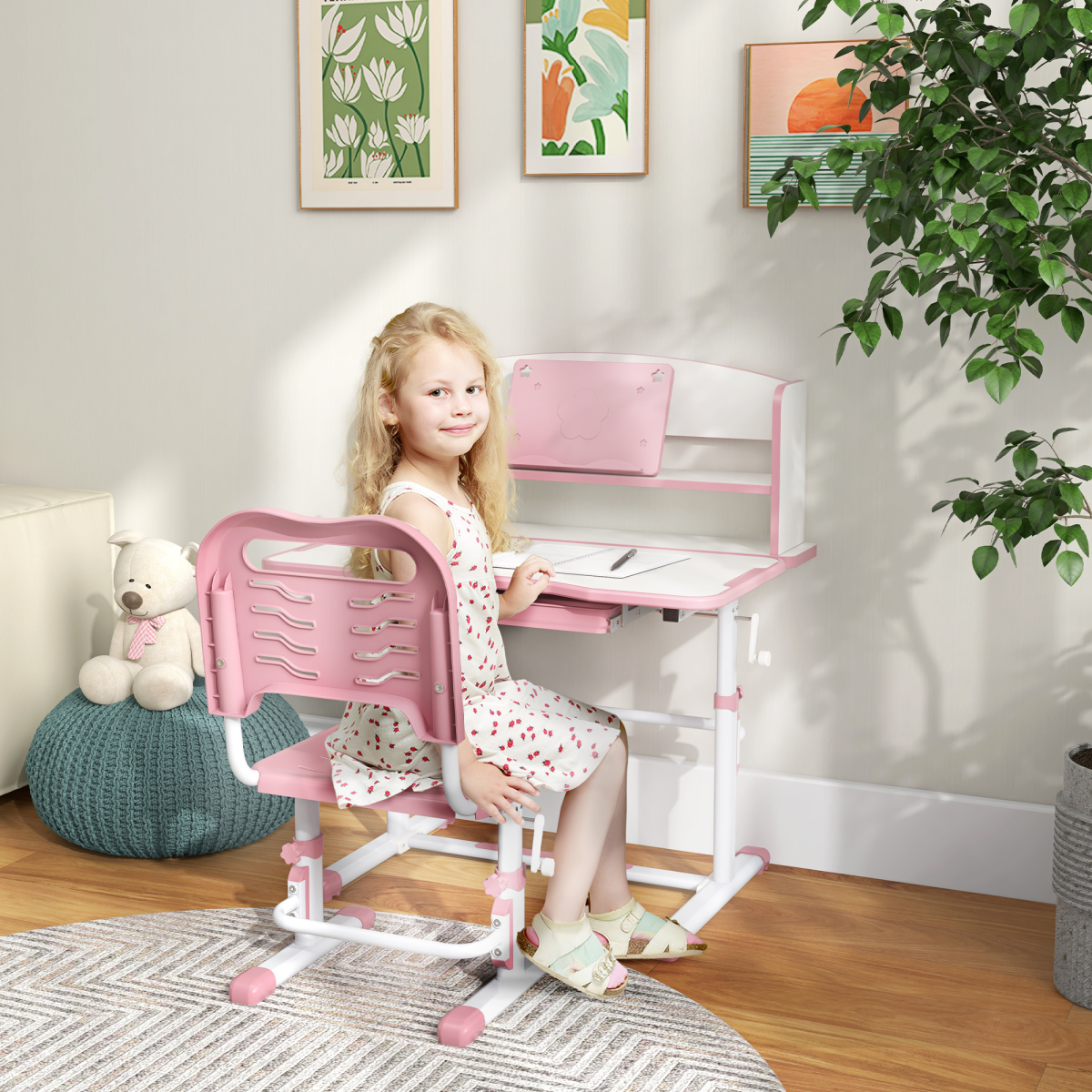 ZONEKIZ Adjustable Kids Desk and Chair Set with Drawer, Bookshelf, Pink
