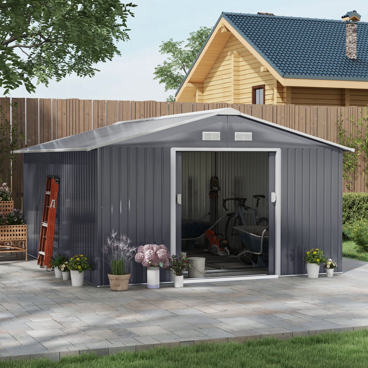 Outsunny 13 x 11FT Galvanised Steel Outdoor Garden Shed with Sliding Double Doors, Ventilation and Floor Foundation, Grey