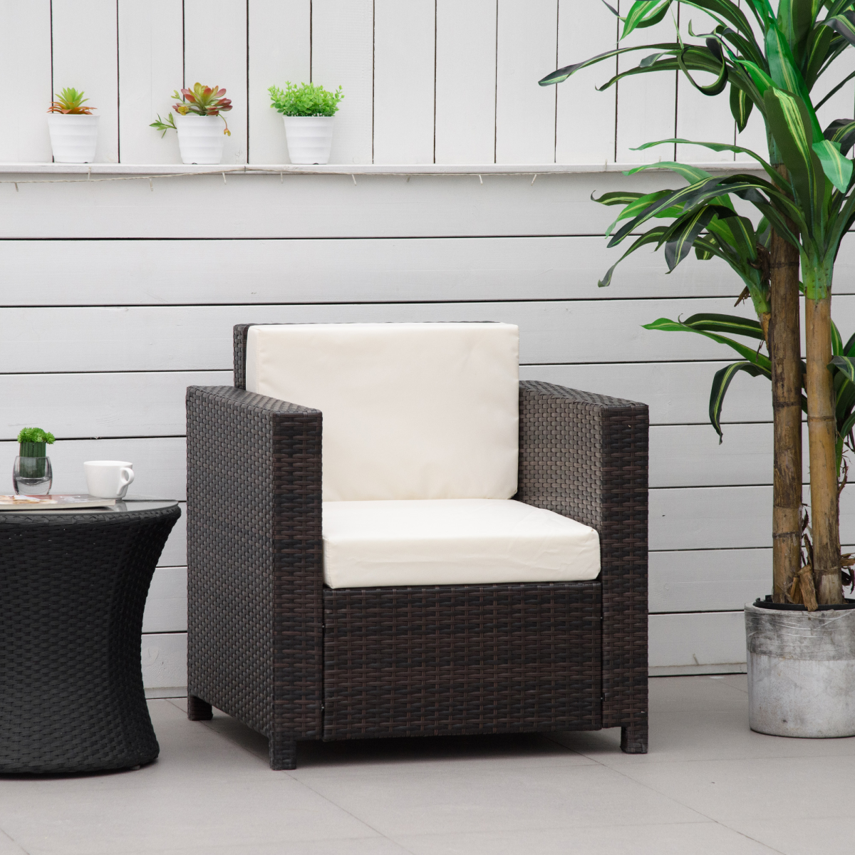 Outsunny Brown PE Rattan Garden Armchair, Fire Resistant, UV Resistant, Powder Coated Metal Frame, Removable Machine Washable Cushions