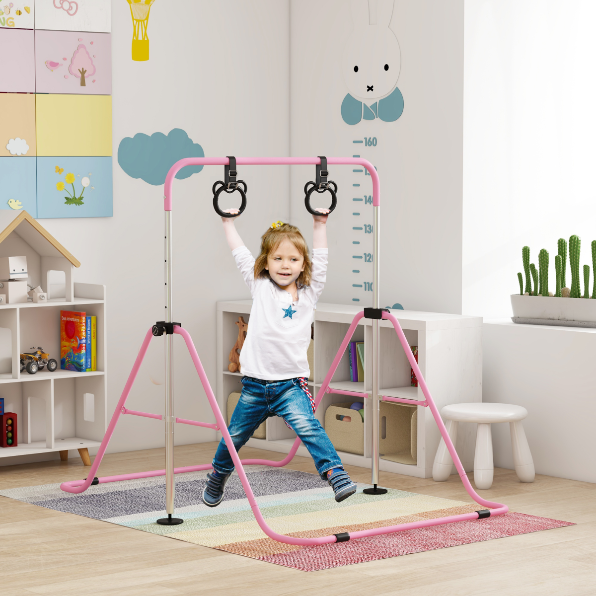 HOMCOM Adjustable Foldable Kids Gymnastics Bar with Non-Slip Mats, Pink