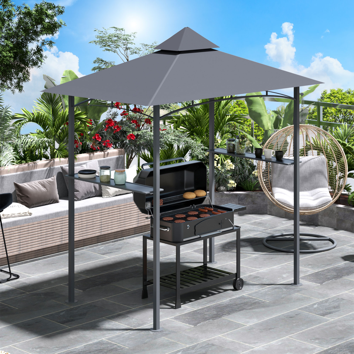 Outsunny 2.5M 8ft Double-Tier BBQ Gazebo Grill Canopy with Side Shelves, Grey