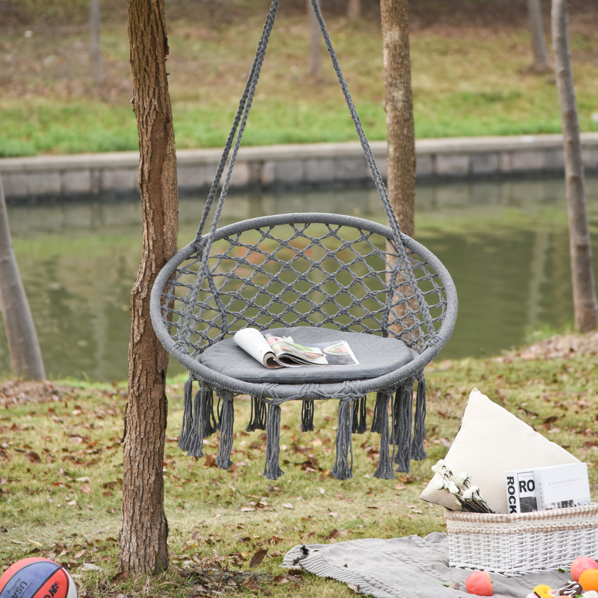 Outsunny Grey Macrame Hanging Chair Swing Hammock with Backrest, Padded Seat Cushion