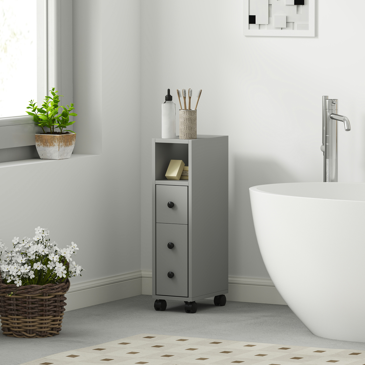 kleankin Slim Grey Bathroom Storage Cabinet with Wheels and Open Compartments